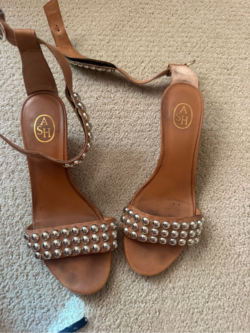 ASH Tan Leather Studded Ankle-Strap Heels